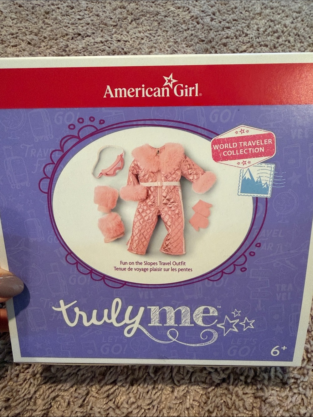 American girl world traveler pink fur quilted ski suit boots goggles mittens new